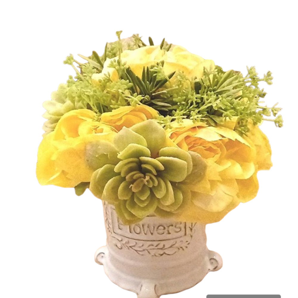 Luxury Home Decor Silk Roses & Aeoniums in White Base Floral Arrangement